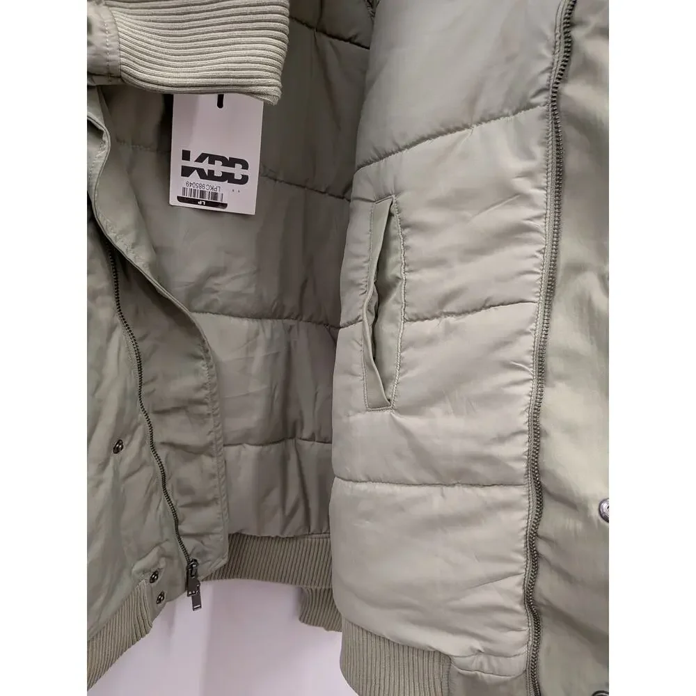 KBB Women’s Oversized Bomber Jacket Sage Green Ruched Sleeve Zip-Up Size S - Picture 3 of 8